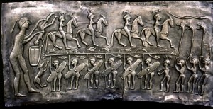 Preand Early History: Metalwork.-Relief plate from the Gundestrup Cauldron with riders, warriors and carnyx players.-Celtic/North Gallic, 1st century A.D. Silverplated copper, with gold plating. Found in the moor near Gundestrup, Jutland.