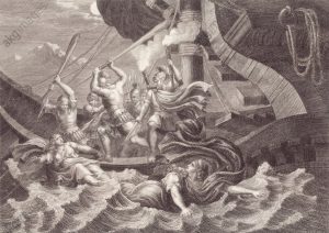 1IT-204-E58 (18737) 'Agrippina rettet sich aus dem sinkenden Schiff' Agrippina d.J., Gemahlin des röm.Kaisers Claudius, Mutter des Nero; 15-59 n.Chr. - 'Agrippina rettet sich aus dem sin- kenden Schiff'. - (Mordanschlag ihres Sohnes Nero). Radierung von G.Mochetti nach Zeichnung von Bartolomeo Pinelli (1781-1835). Aus der Folge: Istoria Romana (1810). Berlin, Slg.Archiv f.Kunst & Geschichte. F: 'Agrippine fuyant le naufrage' Agrippine la Jeune, épouse de l'empereur romain Claudius, mère de Néron ; 15-59 av. J.-C. - 'Agrippine fuyant le naufrage'. - (Tentative d'assassinat de son fils Néron). Gravure de G.Mochetti d'ap. dessin de Bartolomeo Pinelli ( 1781-1835). De la série : Istoria Romana (1810). Berlin, coll.Archiv f.Kunst & Geschichte